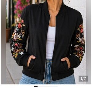 Du Jour Womens M Black Floral Embroidered Bomber Jacket Zip Up QVC